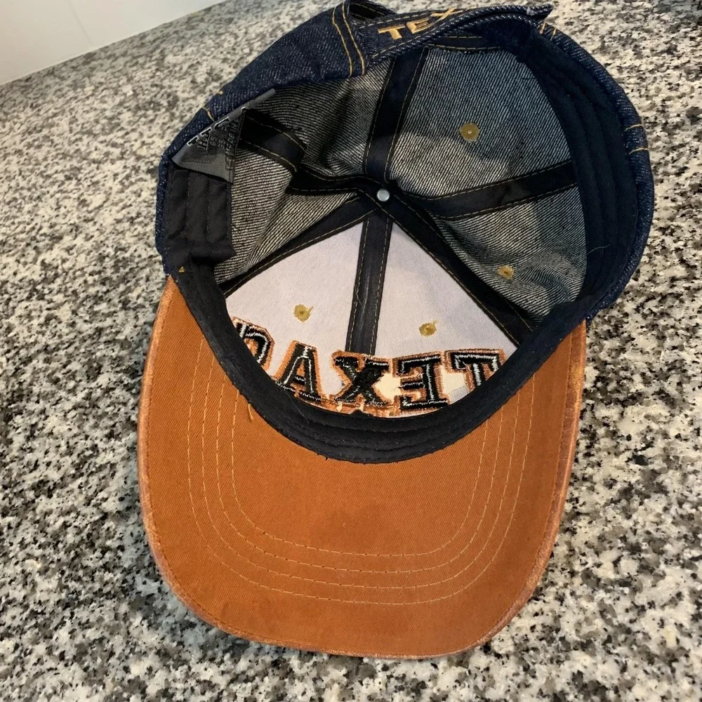 VTG Texas Denim Hat Cap Strap Back One Size Blue Brown USA Headwear Mens Western